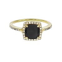 Sterling Silver Yellow 7mm Cushion Onyx & Created White Sapphire Halo Ring