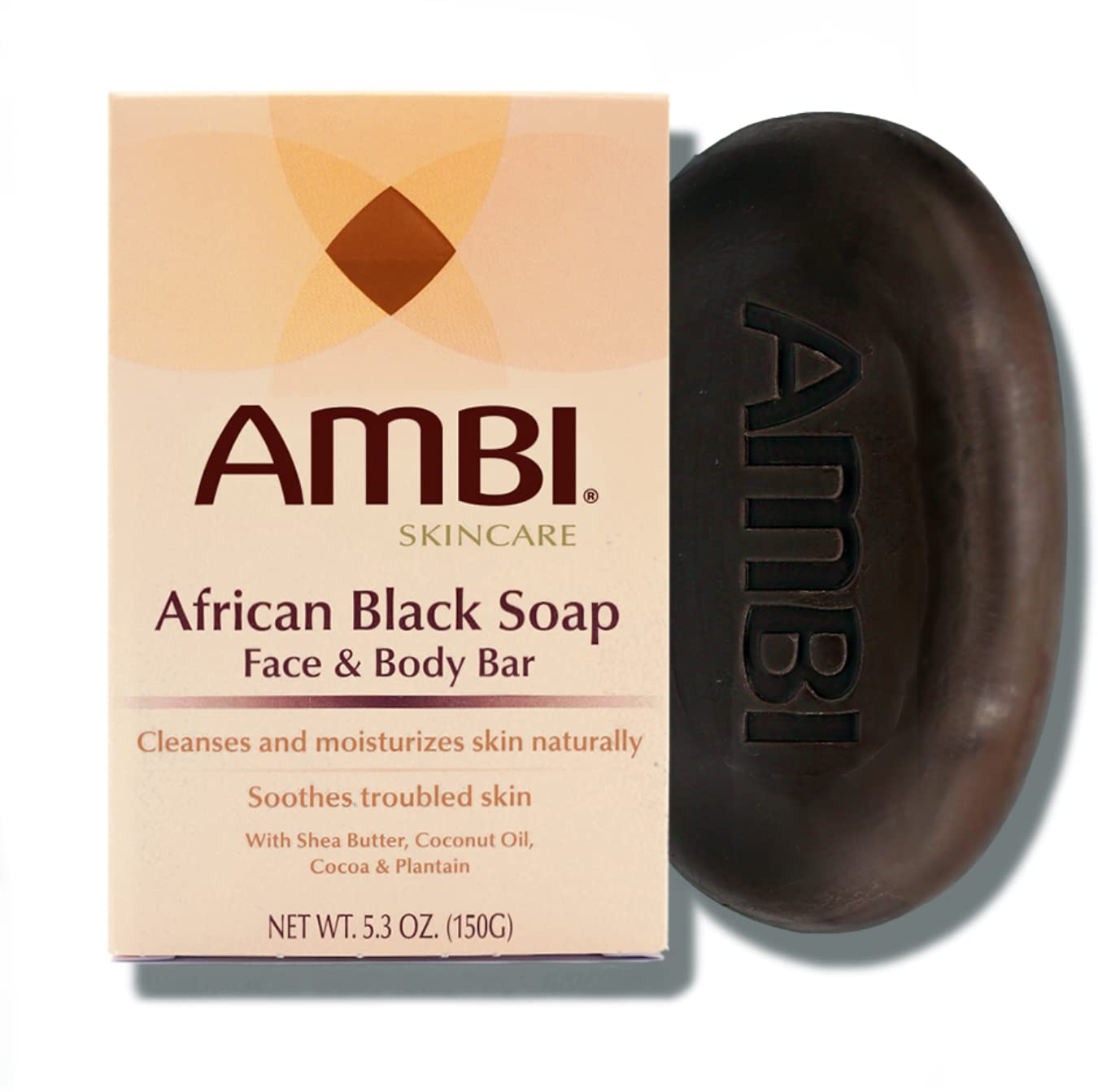 Ambi African Black Soap Face & Body Bar | Cleans and Nourishes Skin | Rinses Clear, 5.3oz Ounce