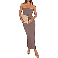 WIHOLL Womens Summer Dresses 2024 Bodycon Maxi Tube Dress Strapless Side Slit Vacation Outfits