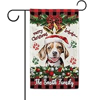 Cute Baby Beagle Dog in Santa Hat Garden Flag Dog Paws Christmas Decoration Bell Ho Ho Ho Decor Outdoor Yard Banner Custom Name, 12.5 x 18 Inch Double Side, Style 3