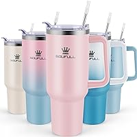 40 oz Tumbler with Handle and Straw Lid, 100% Leak-proof Travel Coffee Mug, Stainless Steel Insulated Cup for Hot and Cold Beverages, Keeps Cold for 34Hrs or Hot for 10Hrs, Dishwasher Safe (Pink)