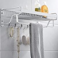 Bathroom Towel Rack Space Aluminum Towel Storage Holder Smooth Rounded Corner Wall Mounted Bath Towel Rail Bar for Kitchen,Single Bar with Hooks Silver(Color:Silver,Size: 40cm)