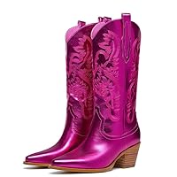 Cowboy Boots for Women - Metallic Mid Calf Cowgirl Boots with Embroidery,Sparkly Western Wide Calf Short Boots,Fashion Pull on Pointy Toe Chunky Stacked Heel 2.5