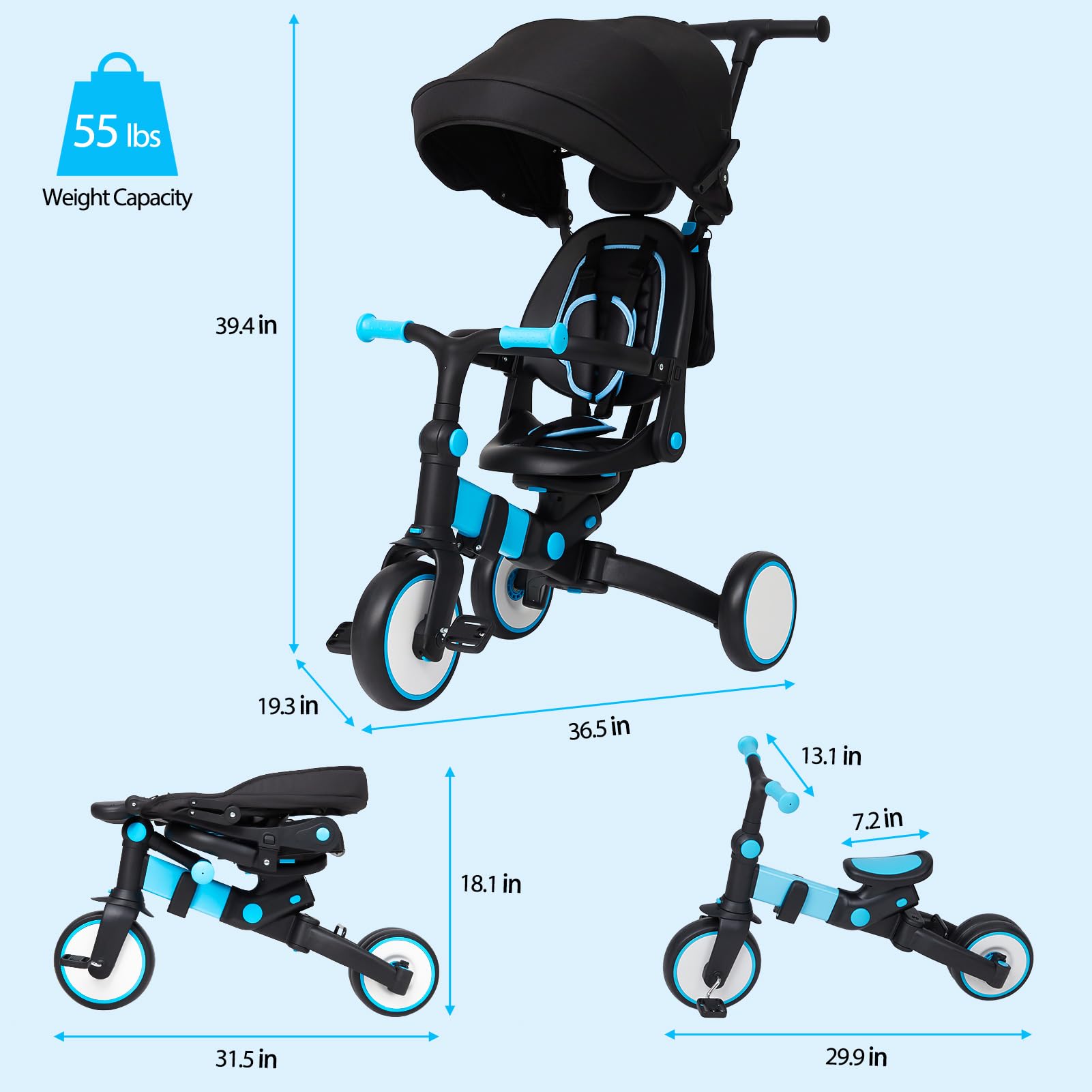 GAOMON 7 in 1 Baby Tricycle, Foldable Toddler Tricycle with Removable and Adjustable Parent Handle, Toddler Push Bike with Removable Pedal, Canopy, and Guardrail, Tricycle for 12-72 Months（Blue）