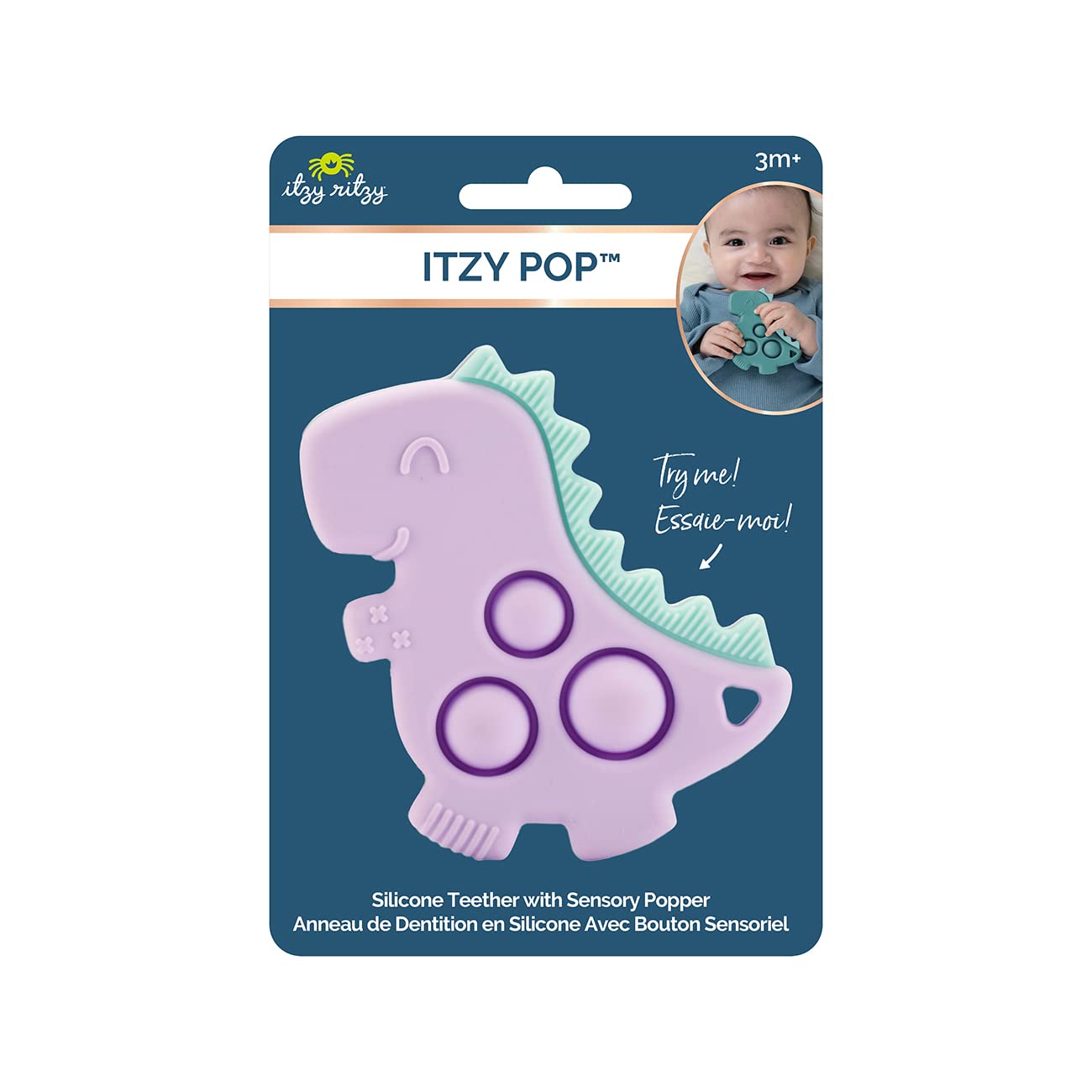 Itzy Ritzy Sensory Popper Toy - Itzy Pop Toy Features Raised Textures to Soothe Sore Gums; Relieves Stress and Improves Fine Motor Skills; Can Attach to a Bag or Pacifier Strap; Lilac Dinosaur