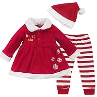 iiniim Baby Girls Christmas Dress Top + Striped Pants + Hat 3Pcs Xmas Winter Outfit Costume Set