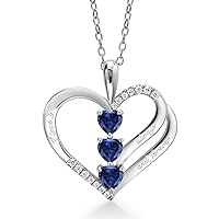 Gem Stone King 925 Sterling Silver Heart Shape Blue Created Sapphire and White Moissanite I love you always and forever Pendant Necklace For Women (1.60 Cttw, with 18 Inch Silver Chain)