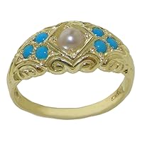 14k Yellow Gold Cultured Pearl and Turquoise Womens Band Ring