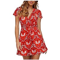 Women Sexy V Neck Short Sleeve Wrap Front Floral Print Flowy Summer Beach Dress Red