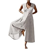 Ladies Wide Leg Summer Jumpsuit V Neck Sleeveless Rompers Solid Soft Linen Jumpsuits for Women Loose Fit Playsuit