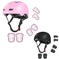 Kids Bike Helmet with Knee Pads Elbow Pads Wrist Guards for Age 3-14+ Youth/Teens, Pink Small and Black Small