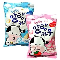 Korean Lotte Soft Malang Cow Fresh Grade Milk & Strawberry Milk Chewy Candy (Pack of 2) (2.78oz)