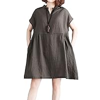 Flygo Womens Summer Loose Linen Striped Short Sleeve Blouse Tunic Shirt Dress