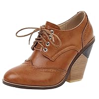 Caradise Womens Wingtip Oxford High Heels Round Toe Lace Up Brogue