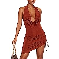 Floerns Women's Cowl Neck Drawstring Ruched Cocktail Party Bodycon Dress