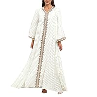 فساتين محجبات White Long Sleeve Maxi Dress Muslim Dress for Women Floral Printed Islamic Dubai Robe Kaftan Abaya One Piece Middle East Arab Ethnic Robe White XX-Large