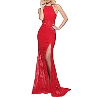 Halter Neck Sexy Evening Dress Long Mermaid Lace Split Prom Dress Party Gown