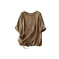 Women's Cotton Linen T-Shirt Vintage Embroidery Short Sleeve Casual Loose O-Neck Tee Top