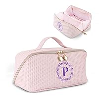 Personalized Initial Makeup Bag for Women Letter Cosmetic Bag Large Capacity Travel Toiletry Bag Cute Pink Make Up Bag PU Leather Toiletry Pouch Birthday Gifts for Women Mom Bridesmaid- P
