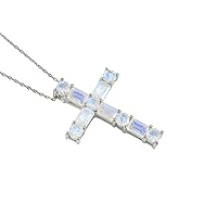 4.60 Carat Natural Rainbow Moonstone Octogan Shape Faceted Cut Holy Cross Pendant Handmade 925 Solid Sterling Silver Beautiful Cross Necklace June Birthstone Elegant Charming Unisex Pendant With Silver Chain Bridesmaid Gift (PD-8524)