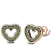 Lovely Heart Mickey Mouse 14K Black & Rose Gold Over 925 Sterling Sliver With Fashion Round Cut Peridot Cubic Zirconia Stud Earring For Teen Girls and Women's Valentine's Day Gift,Birthday Gifts