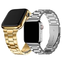 Fullmosa No-Tool Needed Band Compatible Apple Watch Band with Case 41mm 40mm 38mm Golden & Stainless Steel iWatch Band with Case 38mm 40mm 41mm Silver