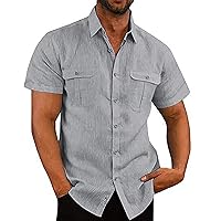 Men's Fashion Vacation Solid Color Cotton Linen Double Pocket Casual Short Sleeves Button Down Shirts
