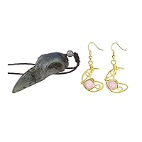 SUNYIK Pack of 2 Labradorite Raven SKull Necklace & Gothic Cresent Moon Crystal Dangle Earrings for Women Men