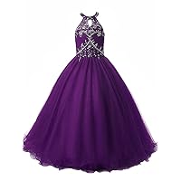 Girls Birthday Prom Dresses Princess Organza Beaded Halter Long Party Gowns US 6 Purple