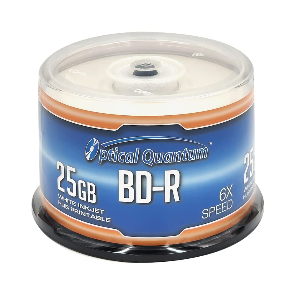 Optical Quantum OQBDR06WIP-H-50 6X 25 GB BD-R White Inkjet Printable Single Layer Blu-Ray Recordable Blank Media, 50-Disc Spindle