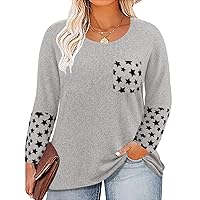 RITERA Plus Size Tops for Women 4X Patchwork Star Print Long Sleeves Basic T-Shirts Crewneck Grey Tunic with Pocket Fall Winter Casual Sweatshirts Cute Blouse Pullover 4XL 24W 26W