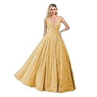 Women's V Neck Sequin Prom Dresses 2024 Sparkly Long Ball Gowns A Line Evening Party Dresses with Pockets