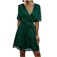2021 Ladies V-Neck Solid Color Chiffon Elastic Waist Ruffled Dress(E)