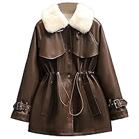 Women’s Auburn Genuine SheepskinFaux Fur Lined Oversized Leather Jacket: Casual Fashion with Waist Drawstring