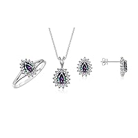 Women's Sterling Silver Birthstone Set: Ring, Earring & Pendant Necklace. Gemstone & Diamonds, Pear Tear Drop Shape 6X4MM Birthstone. Perfectly Matching Friendship Jewelry. Sizes 5-10.