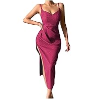 Women's Spaghetti Strap Backless Thigh-high Side Slit Bodycon Maxi Long Dress Club Party Dresses Sleeveless Prom Gown