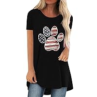 Womens 2022 Summer American Flag Cute Paw Print Casual T-Shirts Crew Neck Short Sleeve Tunic Tops Loose Comfy Blouse