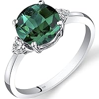 PEORA Created Emerald and Genuine Diamond Ring for Women 14K White Gold, Designer 3-Stone, 1.75 Carats Round Shape 8mm, Size 7