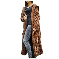 Oversized Cable Hooded Sweaters Cardigan for Women Plus Size Open Front Long Sleeve Knit Jacket Coat with Pockets