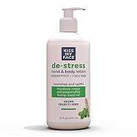 Kiss My Face De-Stress Hand & Body Lotion - Peppermint + Clary Sage - Soothing Rhodiola Rosea - With Hemp Seed Oil & Ashwagandha - Vegan & Cruelty-Free - 16 fl oz Bottle