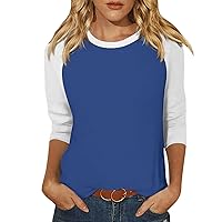 Prime of Day Deals Today 2024 Casual Tops for Women 3/4 Sleeve Tops for Women Crewneck Casual Shirts Three Quarter Length Loose Fit Summer Blouses 01-Dark Blue Small