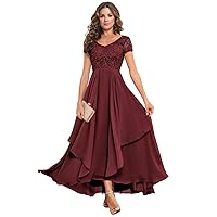Tea Length Mother of The Bride Dresses for Wedding Short Sleeves Chiffon Formal Evening Gown MM0126