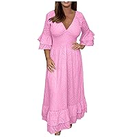 Plus Size Women Layered Ruffle Cotton Linen Hollow Dress Half Sleeve V Neck Smocked High Waist Fashion A-Line Dress