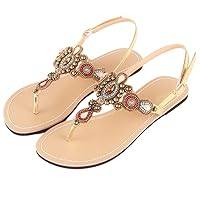 Summer Women Beach Flat Sandals Lady Retro String Bead Boho T-Strap Diamond Slipper Flip Flops Plus Size Gold 39.5