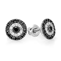 1.00 Carat (ctw) 925 Sterling Silver Black & White Round Cut Diamond Circles Stud Earrings 1 CT
