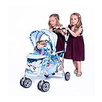 Joovy Toy Caboose Baby Doll Stroller Featuring Reclining Front Seat, Adjustable Footrest, Storage Basket, Extendable Canopy, and Snack Tray - Holds 3 Dolls (Blue Dot)