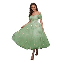 Women's Flower Embroidery Tulle Prom Dresses Tea Length Off Shoulder Formal Evening Party Gowns