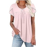 Summer Women Tunic Tops Round Neck Petal Short Sleeve Shirt Bow Tie Hide Belly Pleated Blouse Fashion Loose Clothes