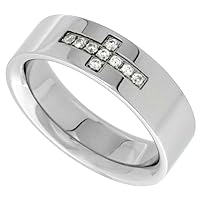 Surgical Stainless Steel 7mm CZ Cross Wedding Band Ring 9-Stone Polished Finish, Sizes 7-14