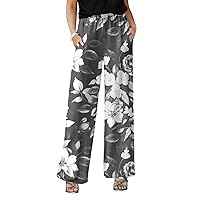 Women's Straight Leg Pocketed Pants Grey & White Floral
